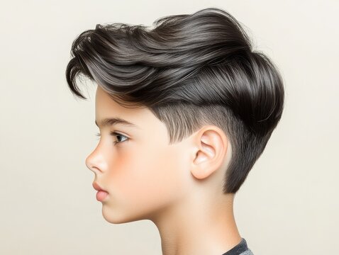 Boy with classic short back and sides hairstyle is posing in profile, showcasing smooth, shiny hair texture and youthful facial features against a neutral background