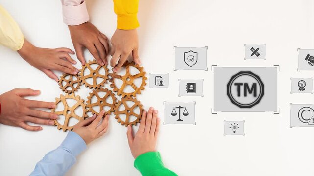 Diverse hands gather around gears, symbolizing collaboration and teamwork. This image represents innovative thinking, synergy, and cooperative efforts in business strategy. Raster