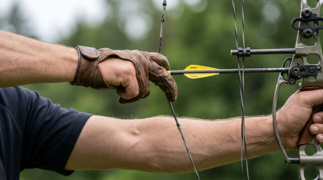 Man drawing compound bow with nocked yellow arrow aimed forward. Outdoor archery in green forest emphasizing focus and precision. Sports skill and recreational shooting practice for target