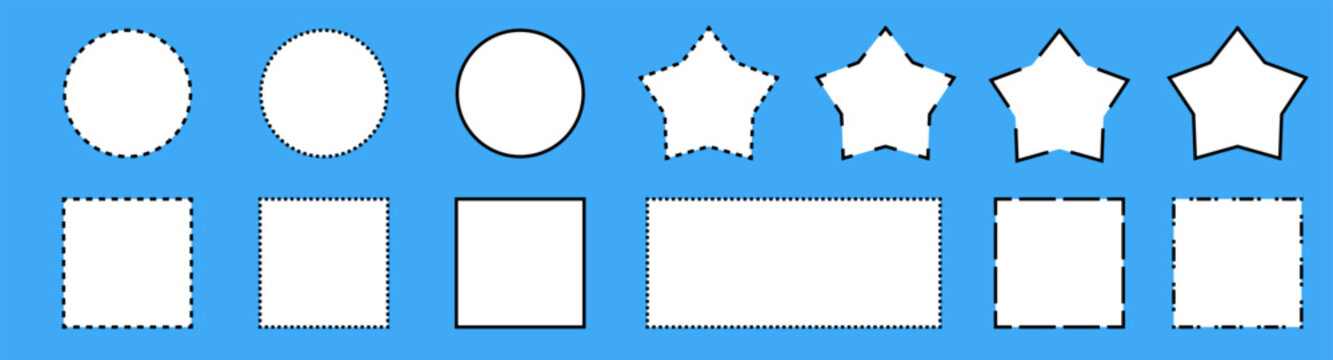 Dashed line square and round borders, dotted rectangles, circles