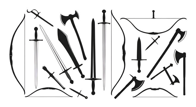 Medieval Weapon Silhouettes Set Including Swords Bows and Axes