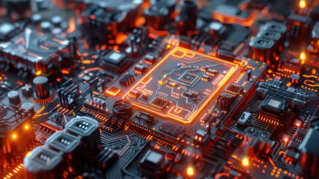 Close up of a CPU with red lights indicating its functioning.