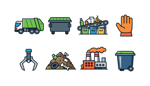 Waste collection services: garbage truck, street dumpster, waste sorting conveyor, sanitation worker glove hand, pickup claw grabber, landfill mound, incinerator building, wheeled