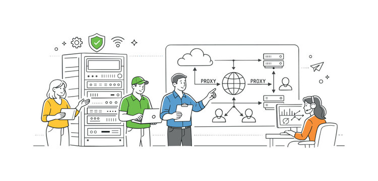 A business IT operations scene representing proxy server systems as tools for managing access and optimizing network performance, where a coordinated team configures and supervises