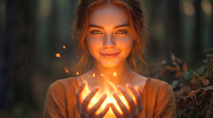 Obraz premium Redheaded woman conjuring magical fire between her hands in dark forest. Enchanted sorceress with glowing embers and mystical light in woodland setting.