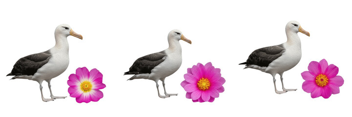 Fototapeta premium Albatross with Pink Hibiscus Flower Illustration Set - Realistic Sea Bird Graphics for Coastal Decor, Tropical Nature Design, and Wildlife Art - High-Quality Isolated Images