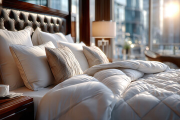 Obraz premium Unmade Bed with Pillows in Sunny Hotel Room
