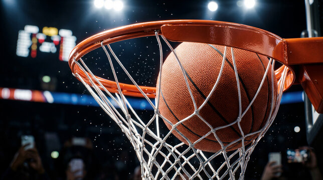 Basketball entering hoop in sports arena. Dynamic scoring moment during game. Thrilling action shot of ball swishing net in gymnasium. Professional basketball competition and athletic achievement