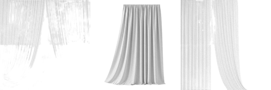 Set of modern white sheer window curtains with soft wave folds isolated on white background