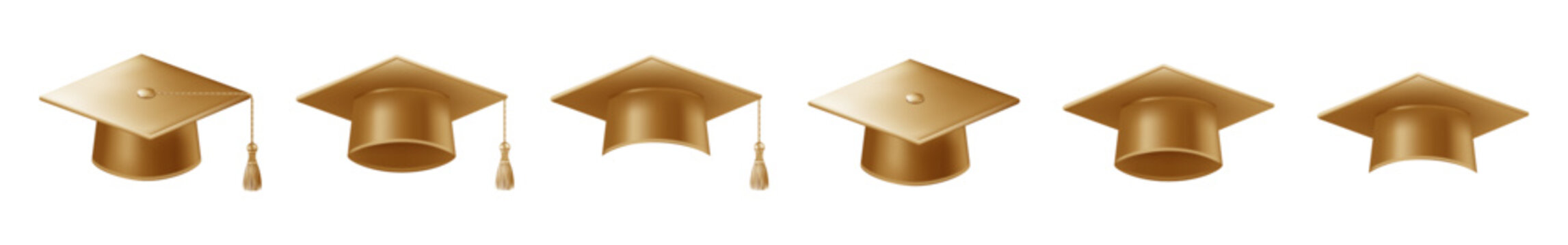 Realistic gold graduate caps set. 3D Graduation Doctoral hat