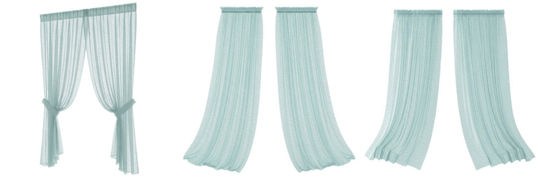 Elegant Light Blue Sheer Curtains Set Isolated on White: Three Styles of Transparent Voile Window Drapes Including Tied Back and Flowing Designs for Home Interior Decor Mockups