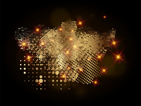 Gold grunge halftone spot. Golden dotted brushstroke bg