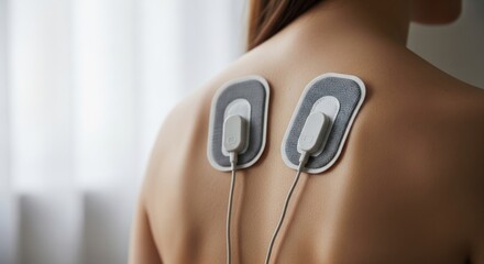 Fototapeta premium Woman using electronic muscle stimulation device on back