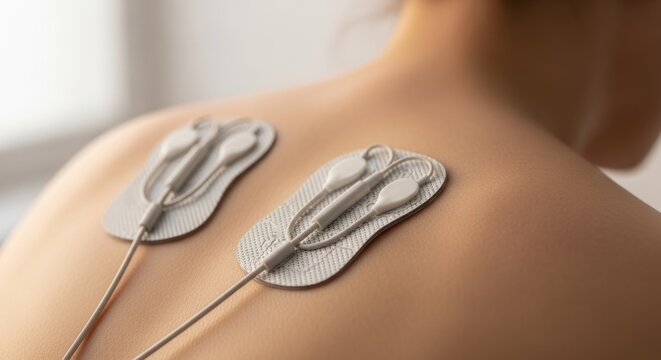 Close-up of electrotherapy pads on woman's back in wellness clinic