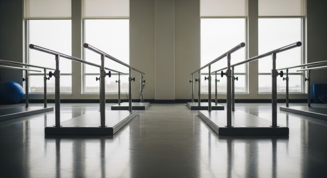 Modern rehabilitation gym with parallel bars and natural lighting