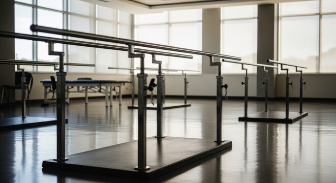 Empty rehabilitation gym with parallel bars for physical therapy