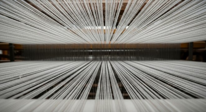 Textile industry factory with rows of weaving machine threads