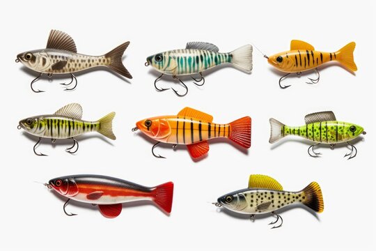 Various fishing lures, mimicking fish, lined up on a clean white background