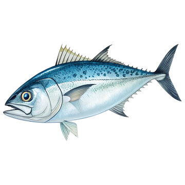 Detailed scientific illustration of a Spanish mackerel fish isolated on white.