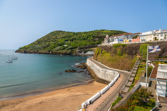 Exposure of the Prainha beach, prefect for a swim in the calm waters, located in the Terceira Island, just in the city center, near the Marina and the Fortress, Azores, Portugal