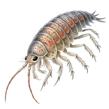 Detailed scientific illustration of a woodlouse isolated on white background.