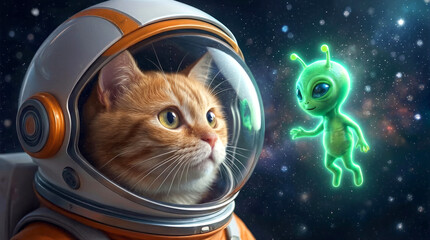 Fototapeta premium Ginger cat in astronaut suit looking at small glowing green alien. Feline space traveler meeting extraterrestrial life in deep space.