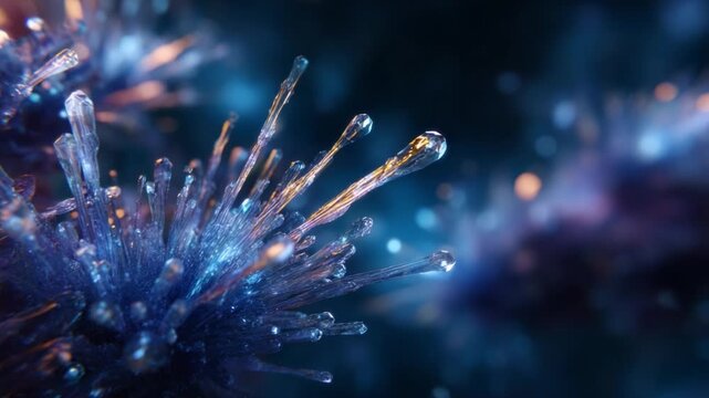 Captivating Abstract Close-Up of Crystalline Structures with Radiant Blue and Orange Highlights Glimmering in a Starry Dark Background, Evoking a Mystical Atmosphere