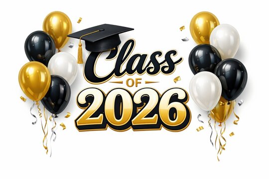 Graduation celebration design featuring balloons in black, gold, and white with a graduation cap and the text Class of 2026 prominently displayed in the center