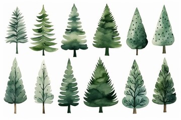 Obraz premium Watercolor trees in various shapes and shades of green offering a winter or nature theme
