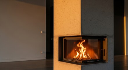 Obraz premium Modern fireplace with roaring fire in minimalist living room