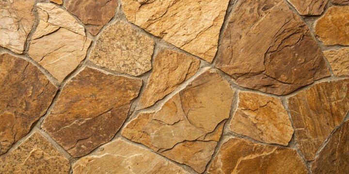 A close up view of a natural stone wall featuring irregular brown and golden flagstone textures