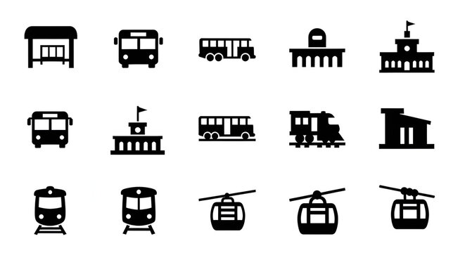 Public Transit Icon Set: Solid Black Flat Vectors of Bus Stops, Train Stations, and Cable Cars