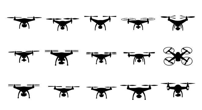 Drone Silhouette Collection: Various Types of Quadcopters and UAV Vector Icons