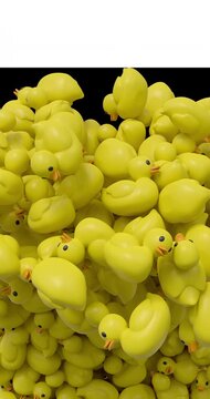 Fun 3D rubber duck transition animation with many yellow toy ducks filling the screen. Great for playful content, kids visuals, bath themed projects, and motion graphics. 4K UHD with alpha channel.