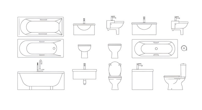 Technical Drawing Set of Bathroom Fixtures in Minimalist Line Art Style
