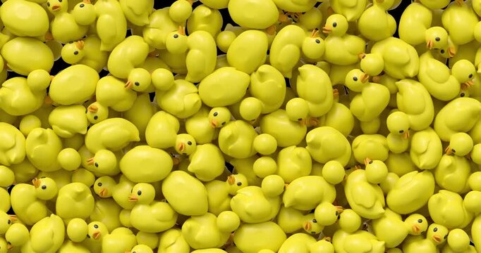 Fun 3D rubber duck transition animation with many yellow toy ducks filling the screen. Great for playful content, kids visuals, bath themed projects, and motion graphics. 4K UHD with alpha channel.