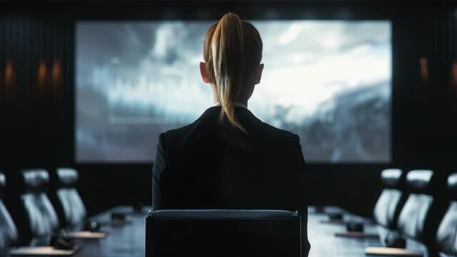 A confident businesswoman sitting in a boardroom, looking up thoughtfully during a presentation. She is dressed professionally and appears to be deeply engaged in the discussion.