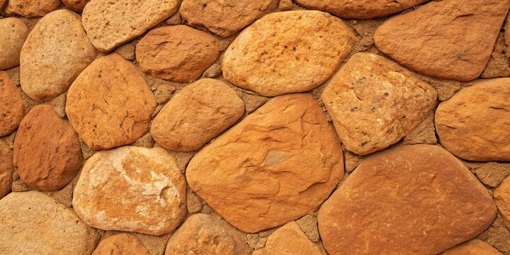 A close up view of a rustic stone wall built with textured orange and brown natural field stones