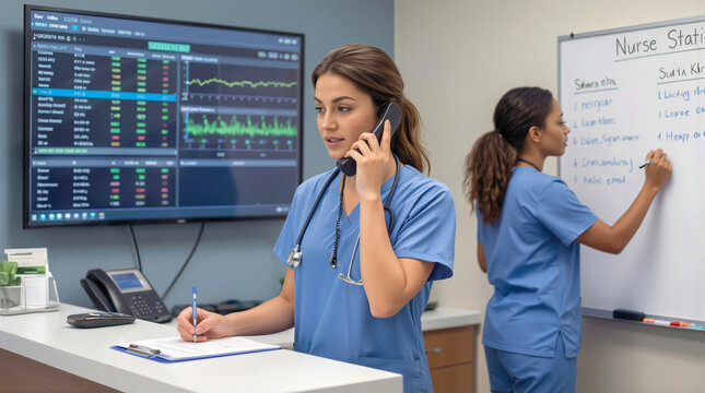 Healthcare practitioners managing patient data at nurse station. Clinical staff coordinating medical care in hospital ward.