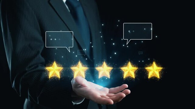 A businessman presents glowing stars above his palm, surrounded by chat bubbles illustrating digital feedback and reviews, emphasizing the importance of customer satisfaction. Qubit
