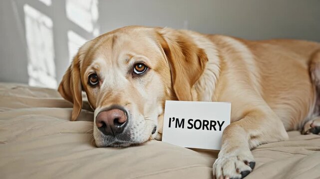 Dog comforts itself with a 'sorry' sign.