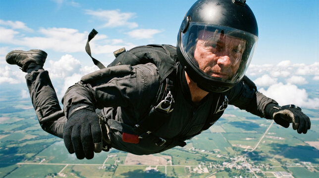Man skydiving in freefall over green fields and village landscape. Thrilling parachute jump from airplane altitude. Extreme adventure sport and adrenaline rush concept for outdoor enthusiasts.