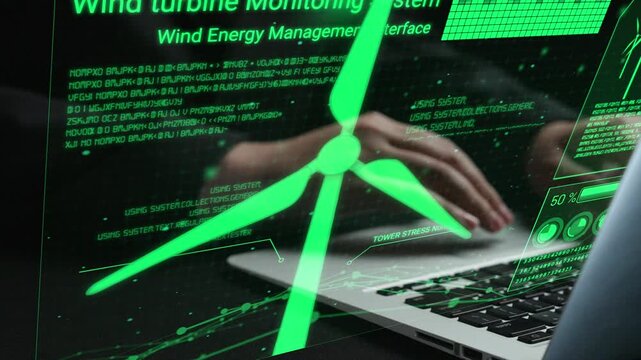 Showcase of an advanced wind energy management interface with green visuals on a laptop, representing the future of renewable energy and technology solutions. Cipher