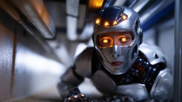 A futuristic robot navigates confined spaces, showcasing advanced artificial intelligence, intricate design, and a humanoid form with glowing eyes in dramatic lighting.