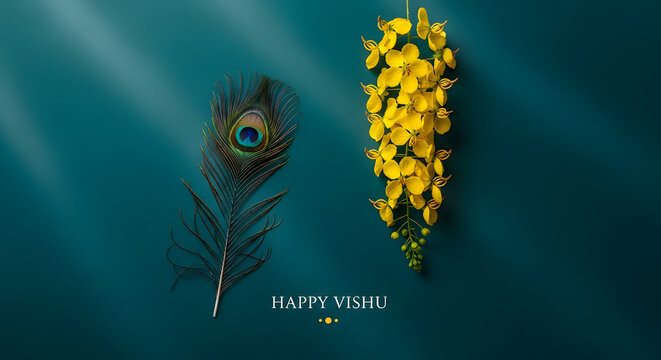 Kerala vishu festival wallpaper kani konna flower peacock feather yellow blossom traditional background spring celebration greeting culture petal floral