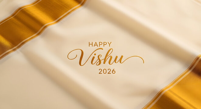 Happy vishu greeting kerala kasavu mundu fabric gold border tradition new year celebration textile background culture white silk cloth