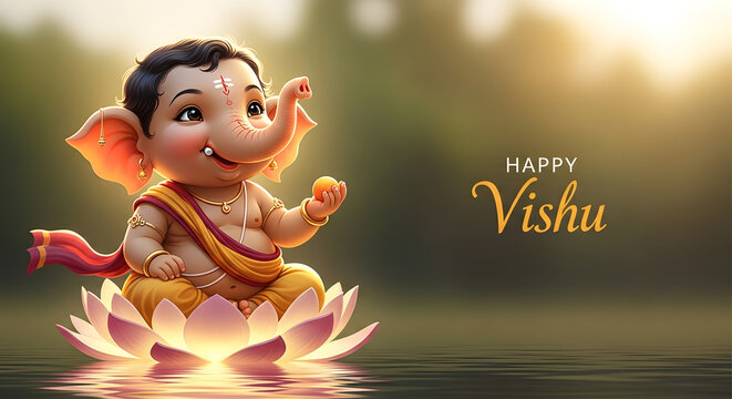 Bal ganesha water lotus vishu festival celebration child god deity kerala new year divine spirituality morning nature greeting landscape