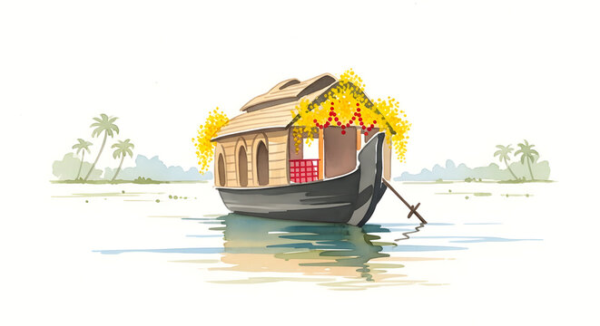 Watercolor kerala houseboat vishu festival decoration yellow flower kani konna garland backwater landscape river nature travel tradition artistic background