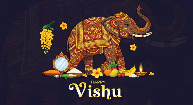 Happy vishu greeting illustration kerala festival elephant ornament mirror rice fruit flower lamp tradition new year culture purple background