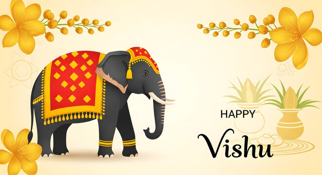 Vishu festival greeting card decorated elephant kani konna flower gold pot tradition kerala new year celebration culture banner spring